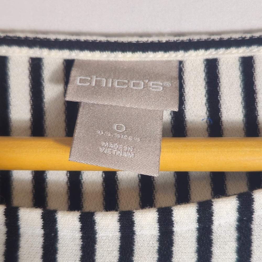 Chico's Blouse Top Women 0 (S) Black White Striped 3/4 Flutter Sleeve Round Neck - Picture 5 of 9
